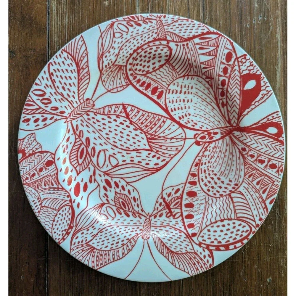 Anthropologie Dinner Plate Red White Butterfly Art NEW Glossy 10.75